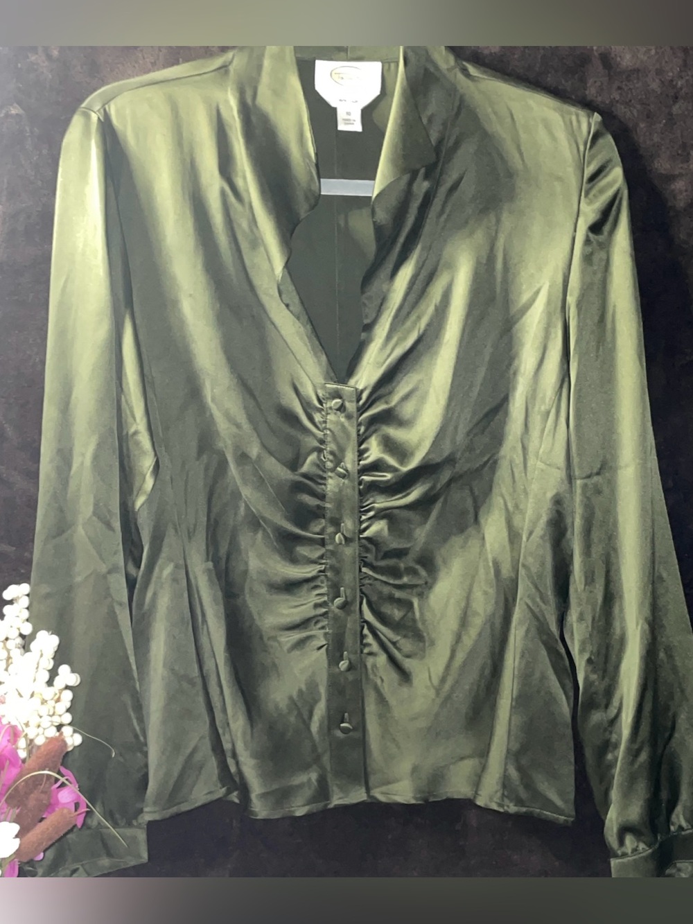 Vintage Talbots 100% Silk Olive Green Ruched Blouse Size-Small